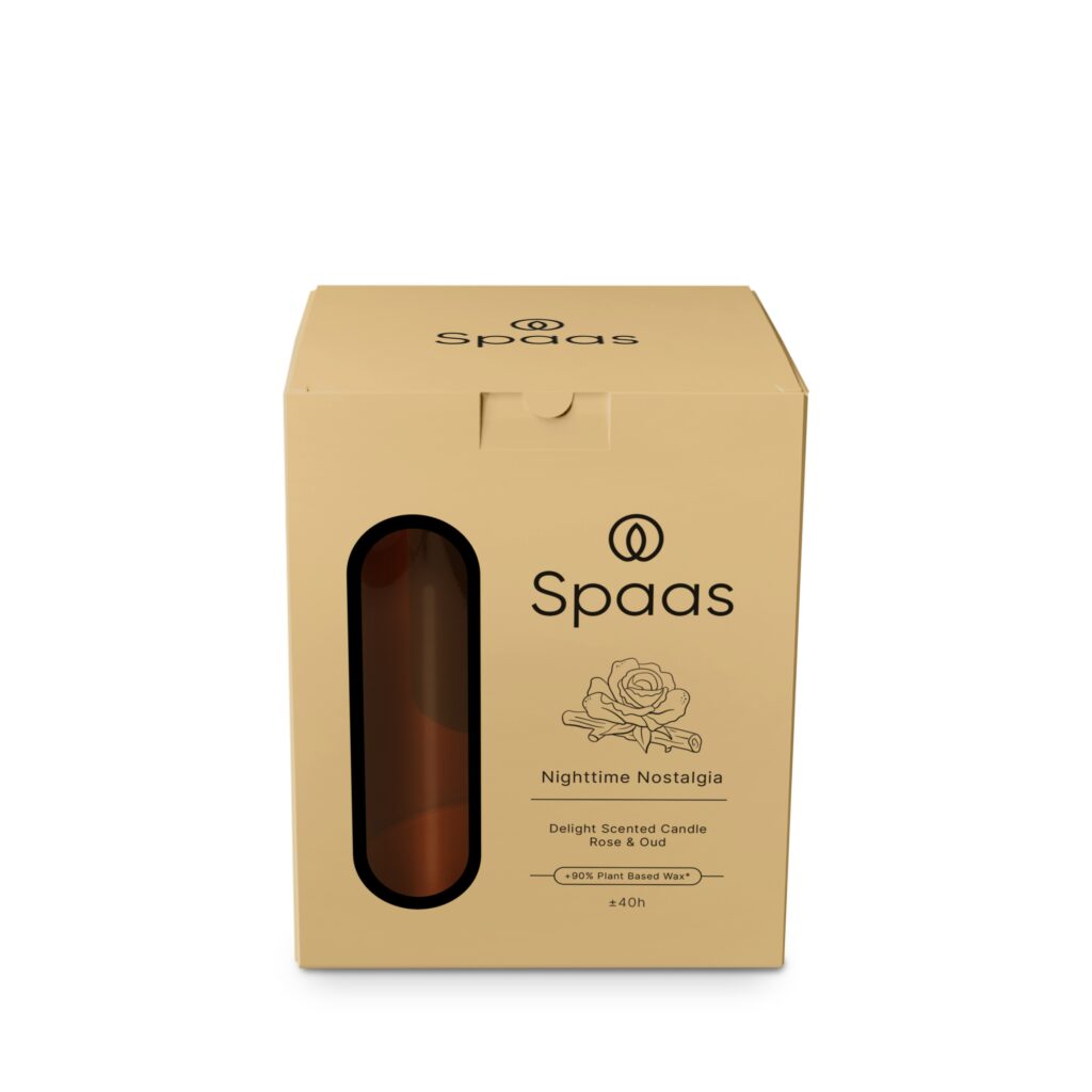 Lõhnastatud küünal Delight klaasist küünlaaluses h 150mm 40h roos ja oud